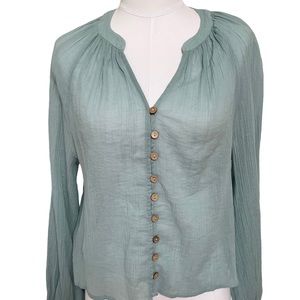 Free People Crinkle Gauze Button Front Blouse in Aqua Blue Size Small NWT